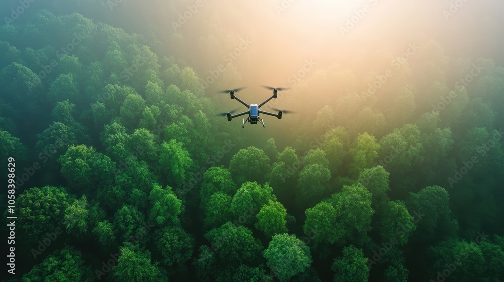 Fototapeta premium A solar powered drone monitoring a wildlife sanctuary, showcasing the use of technology for animal conservation.
