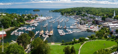 Photos Harbor Park and boats moored in Camden Harbor, Camden, Maine, United States