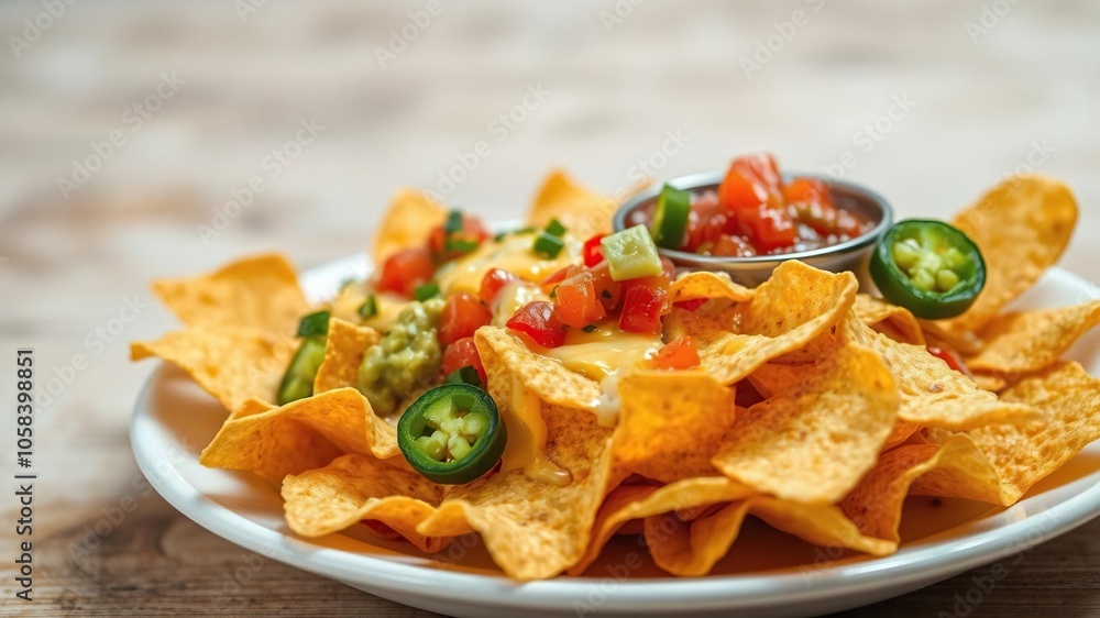 A delicious plate of nacho cheesy bliss featuring layers of crispy tortilla chips, gooey melted cheese, tangy salsa, creamy guacamole, and zesty jalapenos, delicious, crispy, tortilla chips A delicious plate of nacho cheesy bliss featuring layers of crispy tortilla chips, gooey melted cheese, tangy salsa, creamy guacamole, and zesty jalapenos, delicious, crispy, tortilla chips
