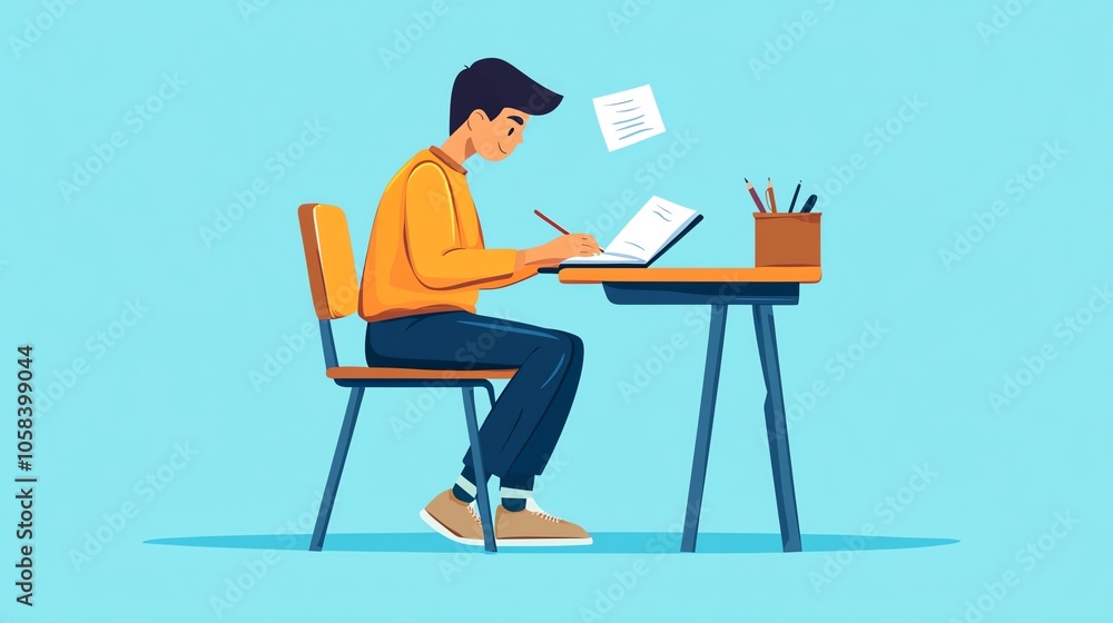 Young man studying at a desk, writing notes, creative workspace, blue background.