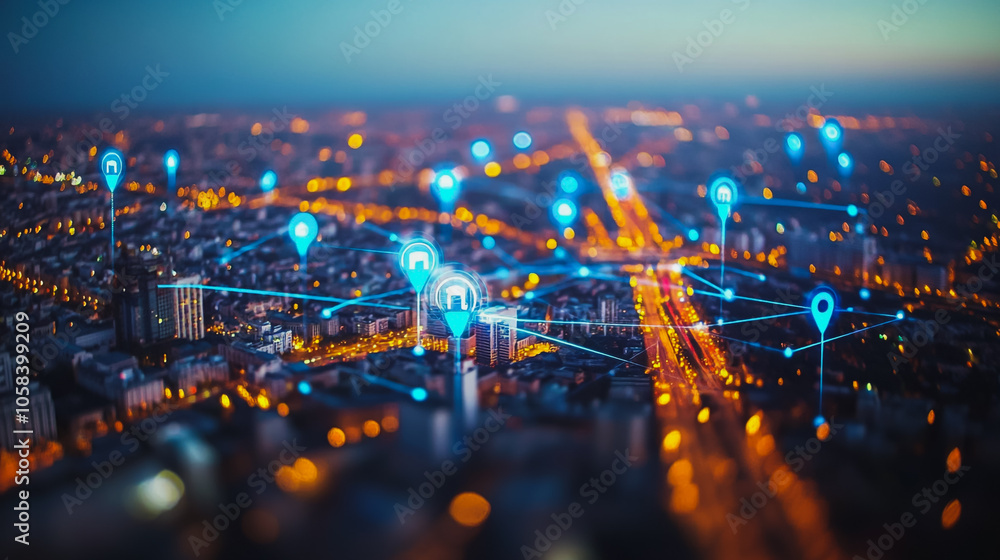 Obraz premium Smart digital Innovation city with connection network reciprocity over the cityscape. of future smart wireless digital city and social media networking systems that connects people with in city