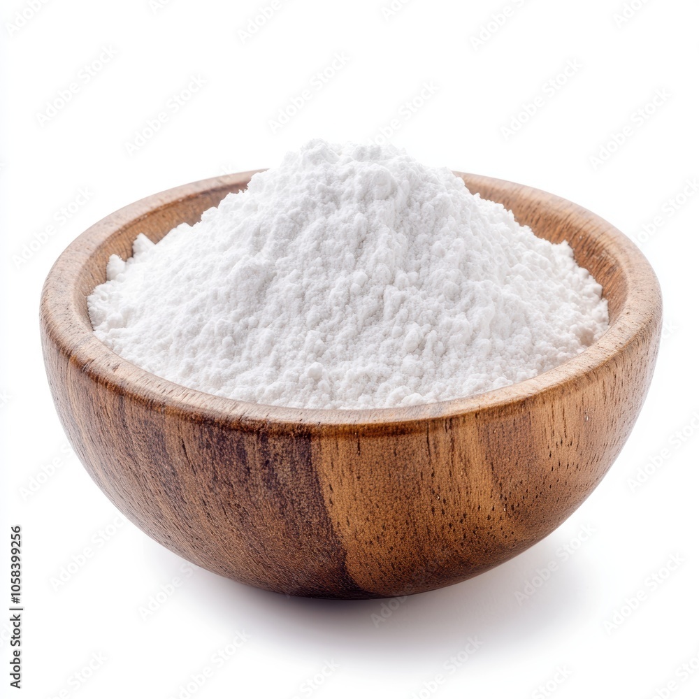 White powder in a wooden bowl, isolated on a white background White powder in a wooden bowl, isolated on a white background