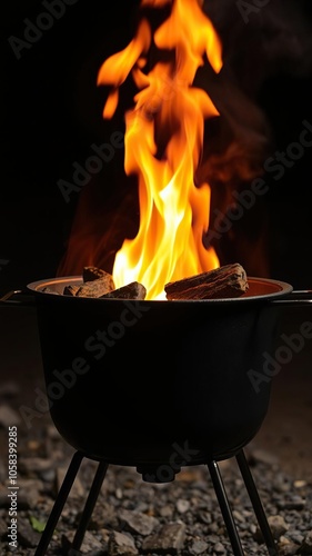 Empty flaming charcoal grill with open fire, ready for cooking, charred, ash