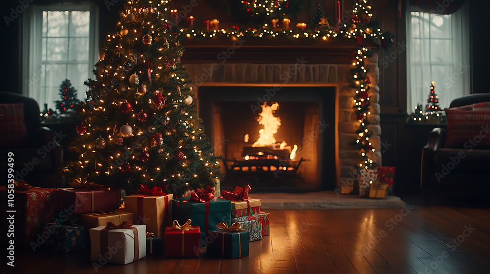  A brightly lit Christmas tree, surrounded by gifts in colorful wrapping, adds charm to a fireplace scene