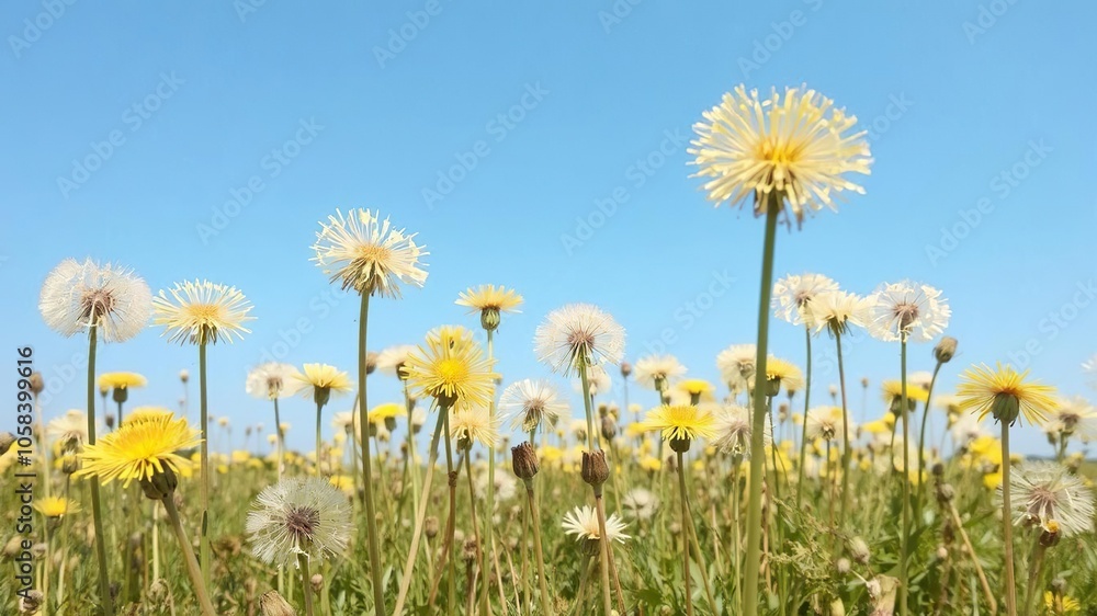 Field of dandelions against a clear blue sky on a sunny day, creating a serene and peaceful scene, beauty, meadow Field of dandelions against a clear blue sky on a sunny day, creating a serene and peaceful scene, beauty, meadow