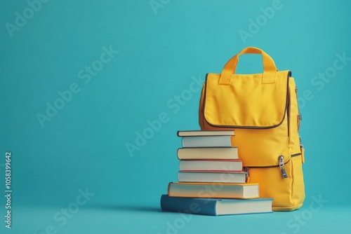 Wallpaper Mural Yellow backpack with books and school items on an isolated blue background Torontodigital.ca