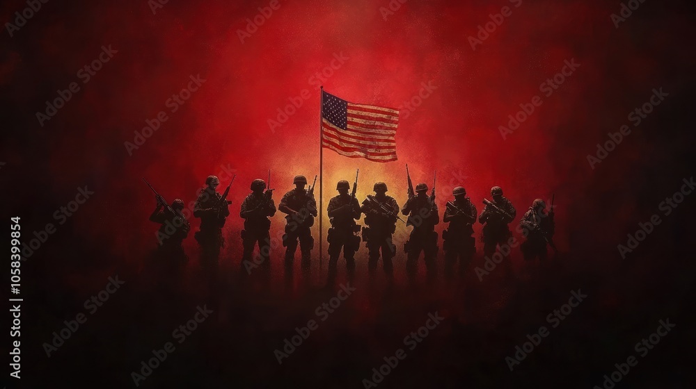 Saluting Our Heroes: Veterans Day Greeting Card with Silhouettes of American Soldiers, Weapons, and USA Flag on Celebration Background Saluting Our Heroes: Veterans Day Greeting Card with Silhouettes of American Soldiers, Weapons, and USA Flag on Celebration Background