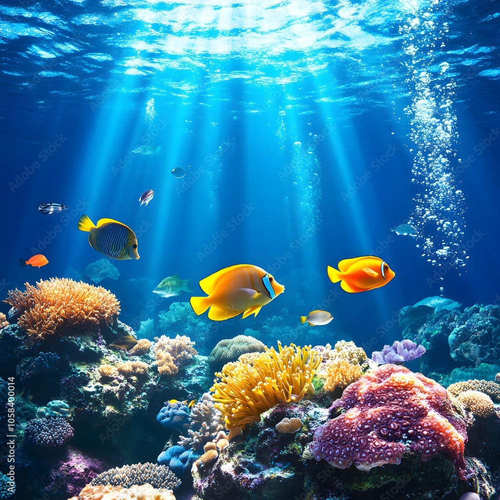 Naklejka premium Vibrant coral reef teeming with colorful fish in the Red Sea, showcasing the beauty of underwater marine life.