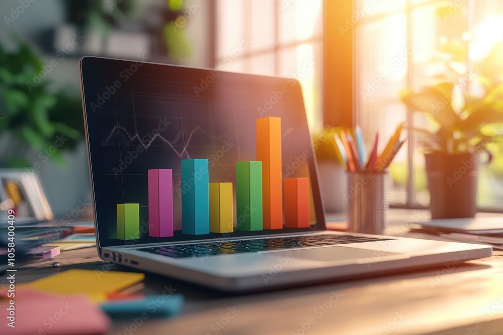 A business-themed image with a colorful 3D bar graph sitting atop an open laptop, symbolizing A business-themed image with a colorful 3D bar graph sitting atop an open laptop, symbolizing