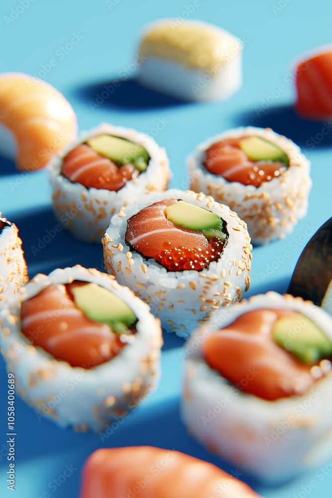 Fresh sushi rolls arranged on a vibrant blue background showcasing various toppings and ingredients in a delightful culinary display Fresh sushi rolls arranged on a vibrant blue background showcasing various toppings and ingredients in a delightful culinary display