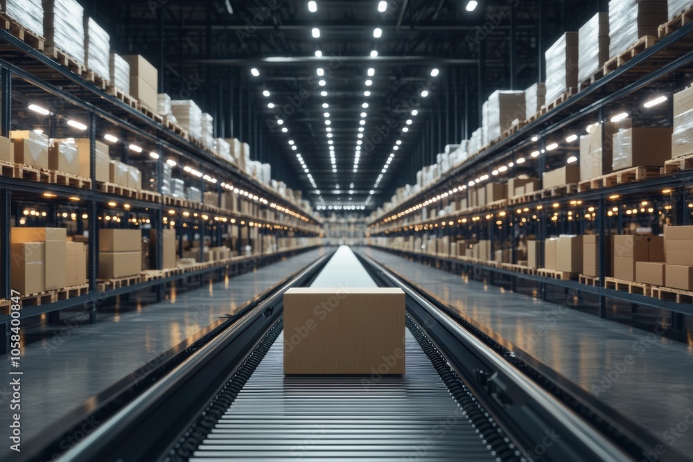 A cardboard package moves along a conveyor belt in a modern warehouse. The background A cardboard package moves along a conveyor belt in a modern warehouse. The background