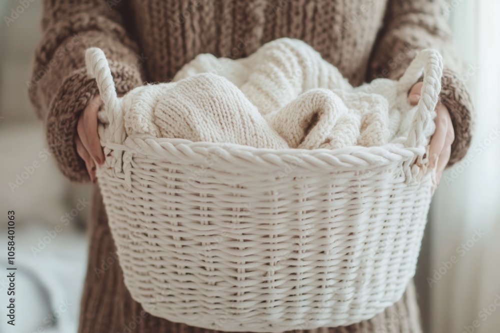 Obraz premium A casual scene of a person in a cozy sweater holding a large white laundry basket filled