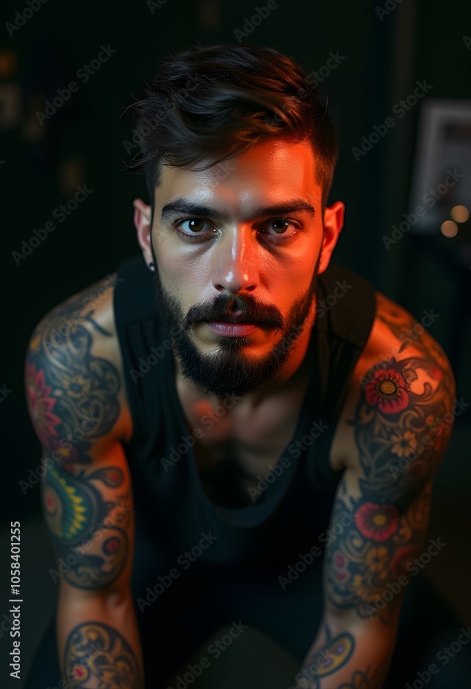 Fototapeta premium A man with intense eyes, floral tattoos on his arms, and a beard, looks directly at the camera. His black tank top and the moody lighting highlight his edgy style
