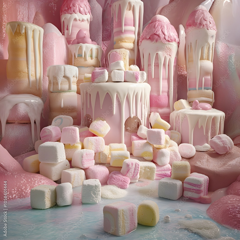 A whimsical scene of gooey marshmallows and chewy taffy, emphasizing their glutinous nature in a playful setting. A whimsical scene of gooey marshmallows and chewy taffy, emphasizing their glutinous nature in a playful setting.