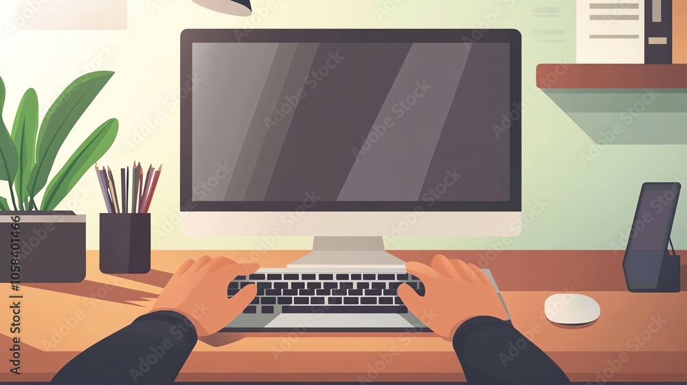 Person typing on a computer keyboard at a desk with plants and stationery in a modern office setting. Person typing on a computer keyboard at a desk with plants and stationery in a modern office setting.