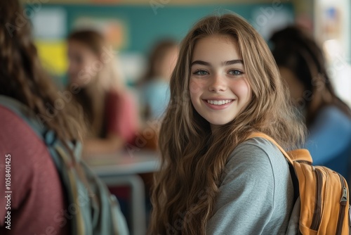 A cheerful teenage girl sits in a classroom with her peers, smiling brightly at the camera