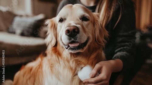 Happy golden retriever with owner at home