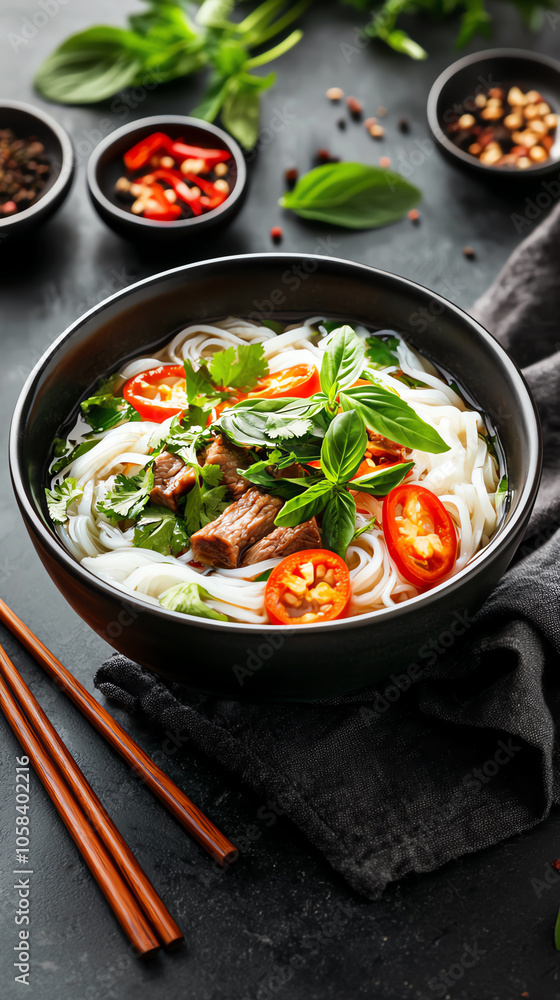 Close-up of authentic vietnamese pho with fresh herbs and spices in a rustic bowl Close-up of authentic vietnamese pho with fresh herbs and spices in a rustic bowl