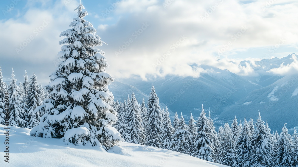 Close-up of a one pine tree against a background of a dense coniferous forest covered in white snow. Winter, nature, landscape, Snowscape, Christmas, Xmas, season, background. Close-up of a one pine tree against a background of a dense coniferous forest covered in white snow. Winter, nature, landscape, Snowscape, Christmas, Xmas, season, background.