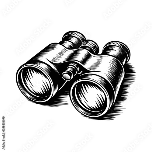 Binoculars Illustration, Black and White, Exploration and Adventure