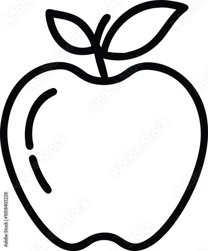 Black and White Outline of an Apple, Simple line art illustration of an apple with a stem and leaf, presented in black and white outline style, ideal for coloring or icons.