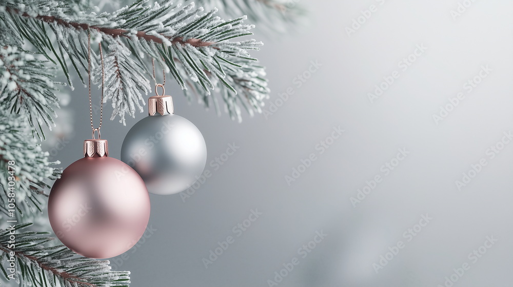 Close-up of part of a Christmas tree with two silver and pink Christmas balls hanging on snow-covered green pine branches. Christmas background with copy space. Isolated on gray background. Close-up of part of a Christmas tree with two silver and pink Christmas balls hanging on snow-covered green pine branches. Christmas background with copy space. Isolated on gray background.