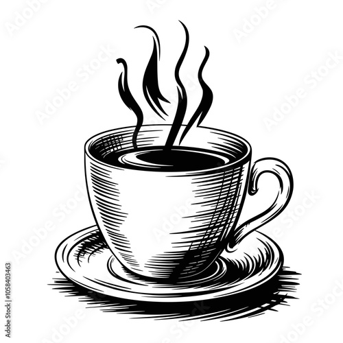 Steaming Coffee Cup Vector Drawing, Black and White, Beverage Warmth