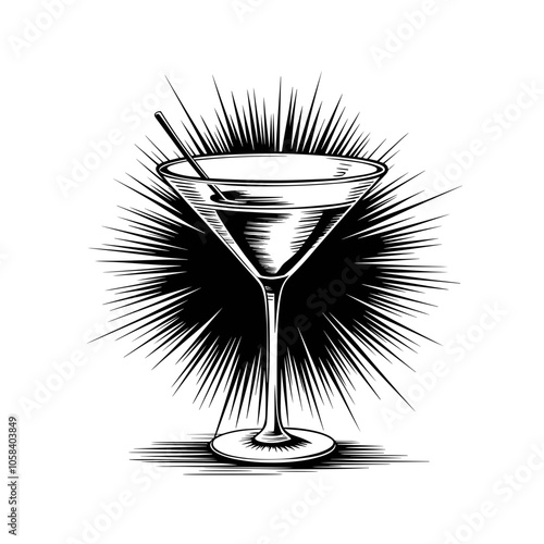 Martini Glass Illustration, Black and White, Beverage Art