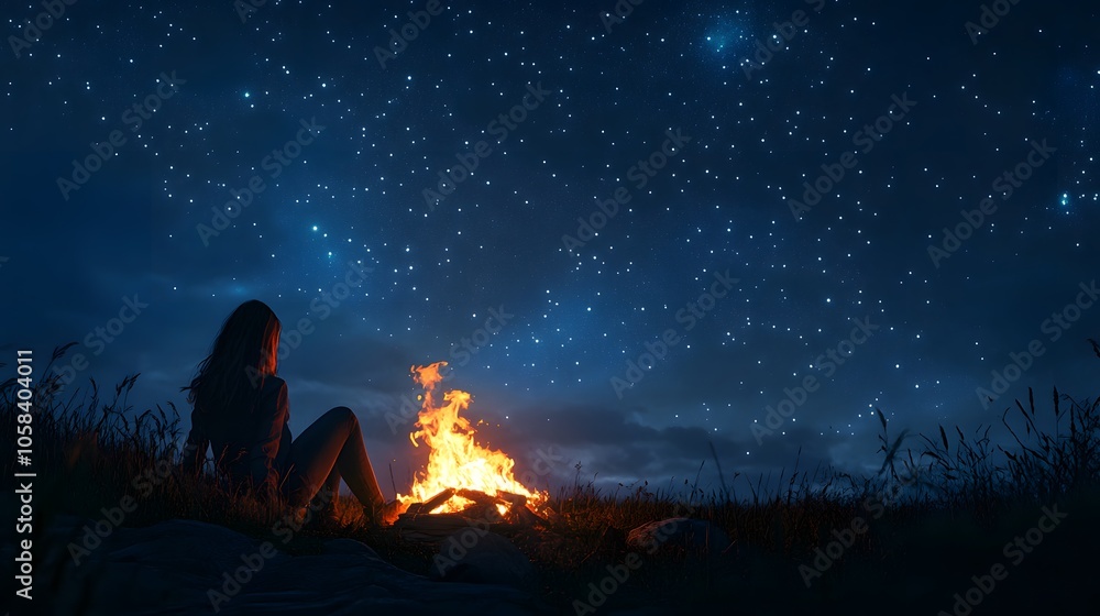 Girl Sitting by Campfire Under Starry Sky Girl Sitting by Campfire Under Starry Sky
