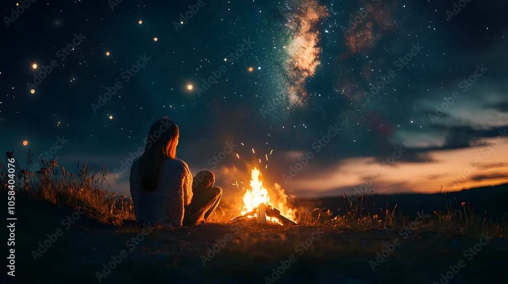 Girl Sitting by Campfire Under Starry Sky Girl Sitting by Campfire Under Starry Sky