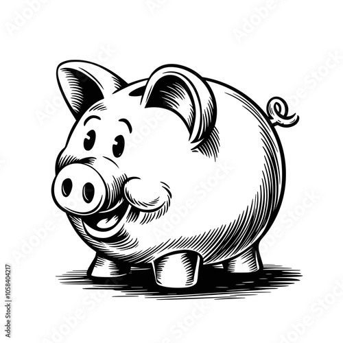 Piggy Bank, Savings Concept, Black and White Vector
