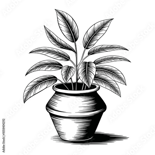 Foliage in Pot, Hand-Drawn Vector, Nature-Inspired Art