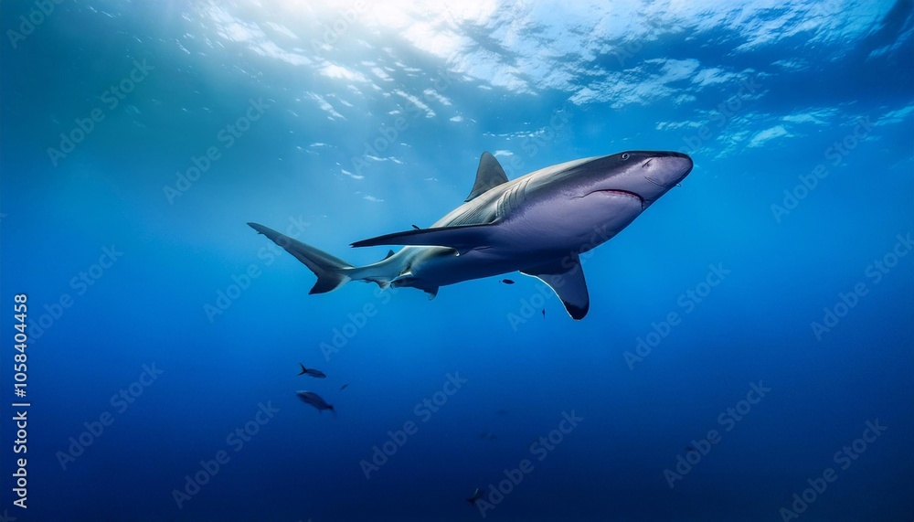 Shark swims along a reef in clear blue water Shark swims along a reef in clear blue water