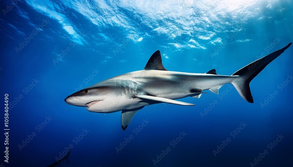 Fototapeta premium Shark swims along a reef in clear blue water