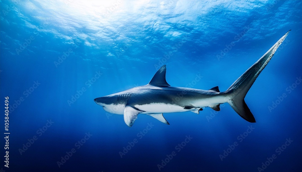 Fototapeta premium Shark swims along a reef in clear blue water