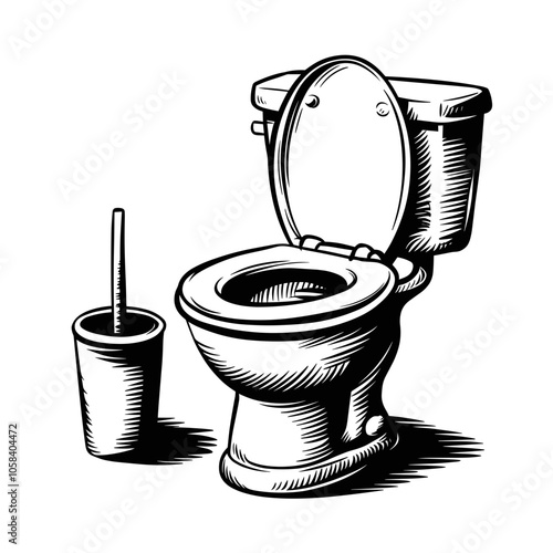 Toilet Illustration with Plunger in Monochrome Doodle Style