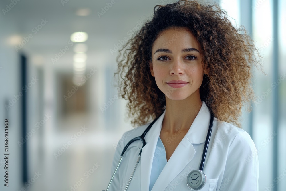 A confident female doctor with curly hair stands in a bright, modern hospital corridor A confident female doctor with curly hair stands in a bright, modern hospital corridor