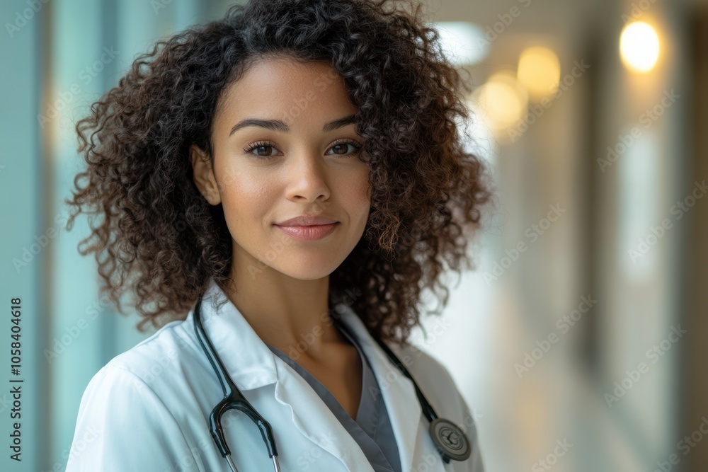 A confident female doctor with curly hair stands in a bright, modern hospital corridor A confident female doctor with curly hair stands in a bright, modern hospital corridor