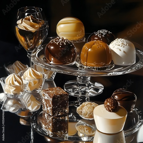 An elegant arrangement of desserts, including pralines and nougat, adorned with a glistening glaze. photo