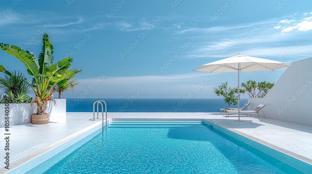 Fototapeta premium Relaxing at a Private Pool by the Beach in a Luxurious Hotel or Vacation Home, Perfect for a Calm and Rejuvenating Getaway