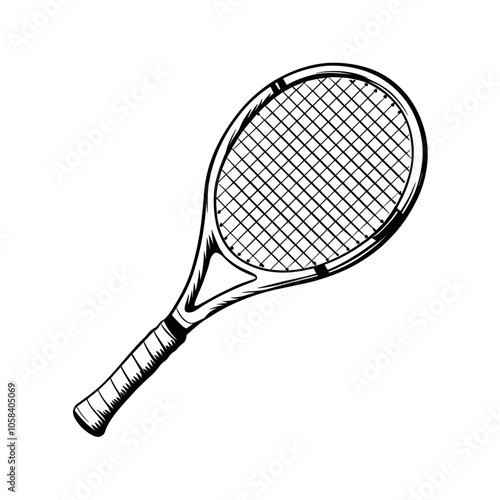 Tennis Racket Illustration, Vector Art, Sport Equipment, Black Lines