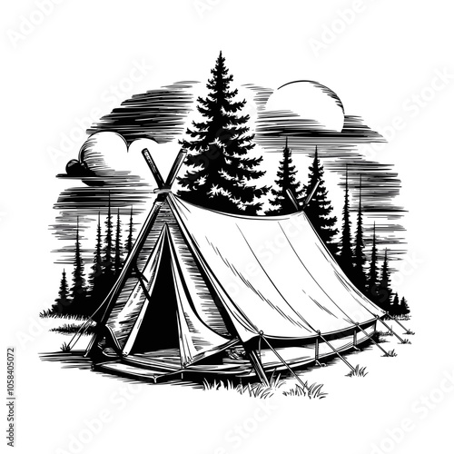 Nature Camping Scene, Tent with Trees, Black and White Sketch, Vector