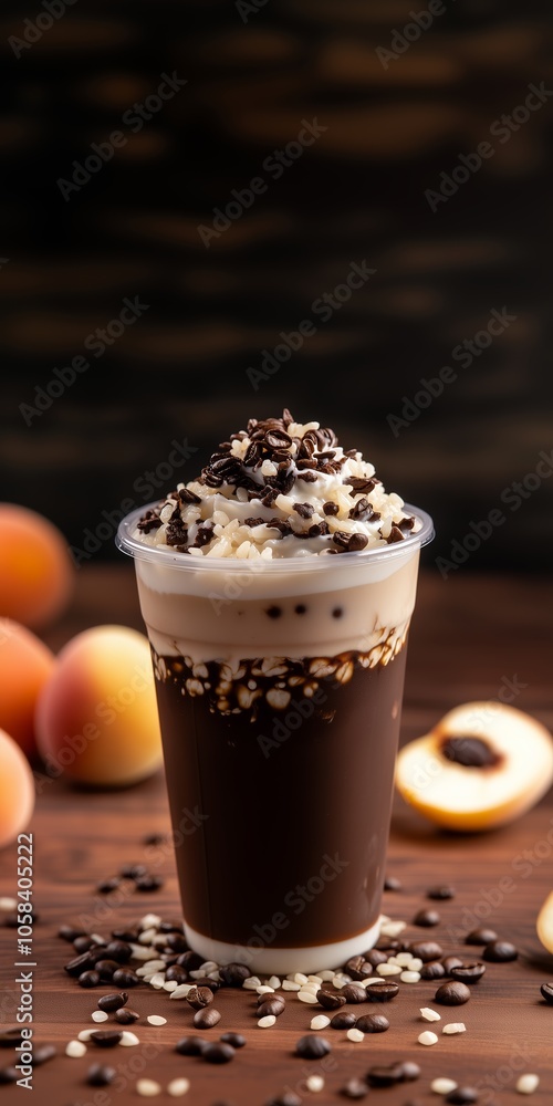 A refreshing chocolate and coffee beverage topped with cream and chocolate sprinkles surrounded by fresh peaches on a wooden table A refreshing chocolate and coffee beverage topped with cream and chocolate sprinkles surrounded by fresh peaches on a wooden table