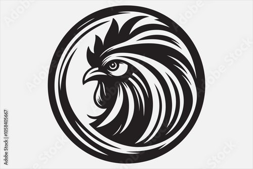 A black and white vector silhouette of a rooster head.