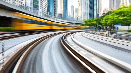 High speed train moving fast in city with modern buildings and greenery Smooth Blue Background with Copy Space for Advertisements