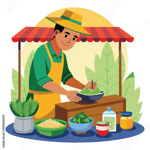 a street vendor preparing a plate of pecel a trad vector