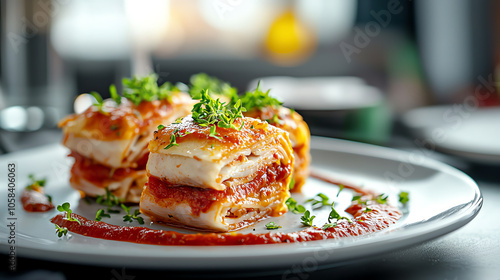 Indulgent lasagna rollups with homemade marinara sauce a delicious culinary delight plated to perfection