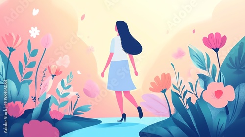 A woman walking through a colorful garden, surrounded by vibrant flowers and soft pastel colors.