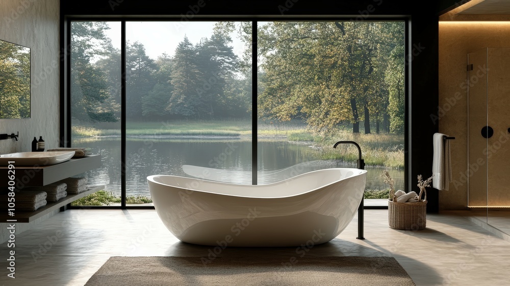 Fototapeta premium Elegant Bathroom with Freestanding Bath and Scenic View