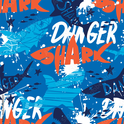 Abstract seamless pattern with shark silhouette, Big fish predator. Grunge modern background for boys and girls,  For prints, T-shirts, textiles,fabric, web. Urban dark wallpaper.